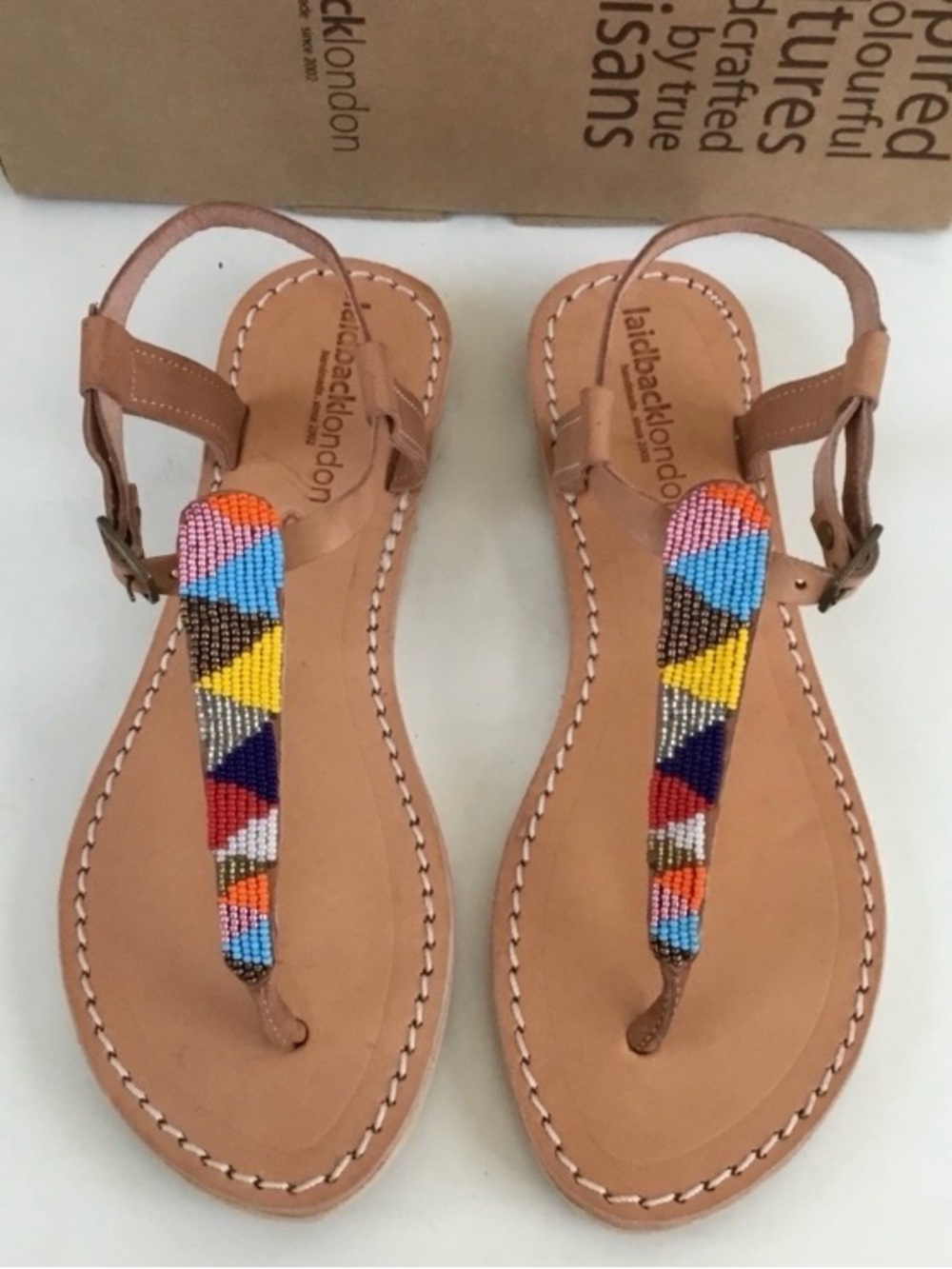 Laidback London Tan Leather Beaded T-Strap Sandals - Multicolor Bead Detail